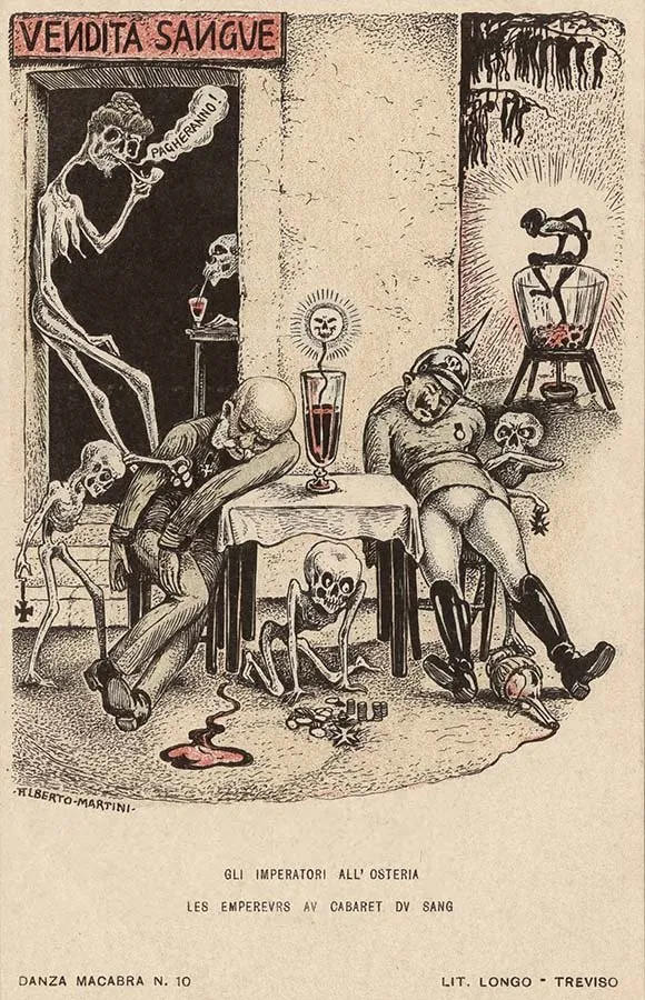 Alberto Martini: Gli imperatori all'osteria (litografía, Danza Macabra Europea, 1915-1916)