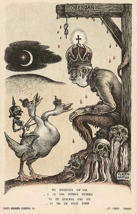 Alberto Martini: Sei diventata un'oca - e tu una vecchia scimmia (litografía, Danza Macabra Europea, 1915-1916)