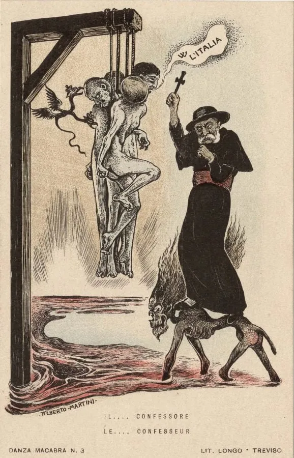 Alberto Martini: Il... confessore (litografía, Danza Macabra Europea, 1915-1916)