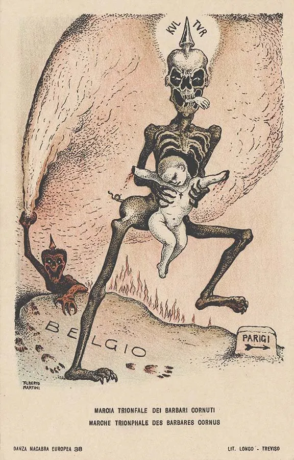 Alberto Martini: Marcia trionfale dei barbari cornuti (litografía, Danza Macabra Europea, 1915-1916)