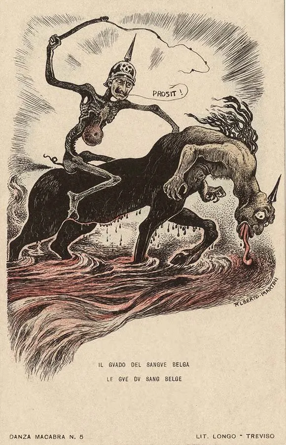 Alberto Martini: Il guado del sangue belga (litografía, Danza Macabra Europea, 1915-1916)
