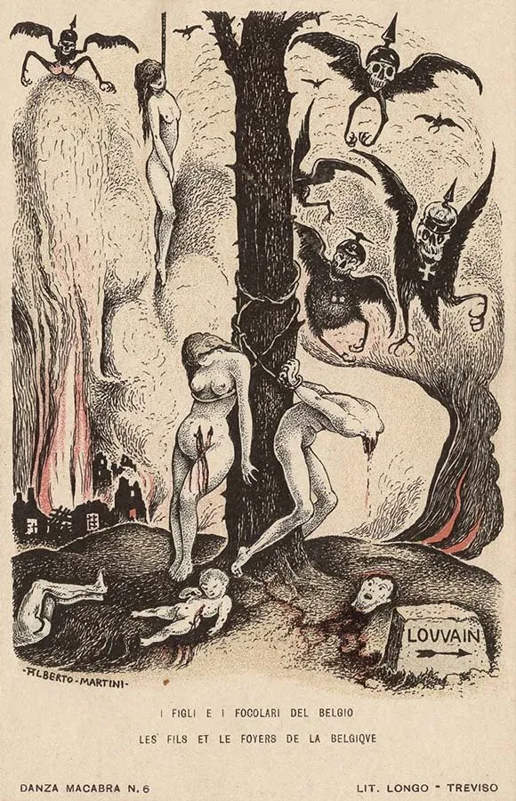 Alberto Martini: I figli e i focolari del Belgio (litografía, Danza Macabra Europea, 1915-1916)