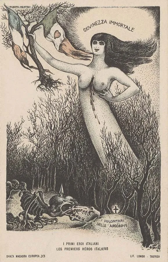 Alberto Martini: I primi eroi italiani (litografía, Danza Macabra Europea, 1915-1916)