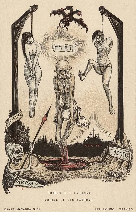 Alberto Martini: Cristo e i ladroni (litografía, Danza Macabra Europea, 1915-1916)