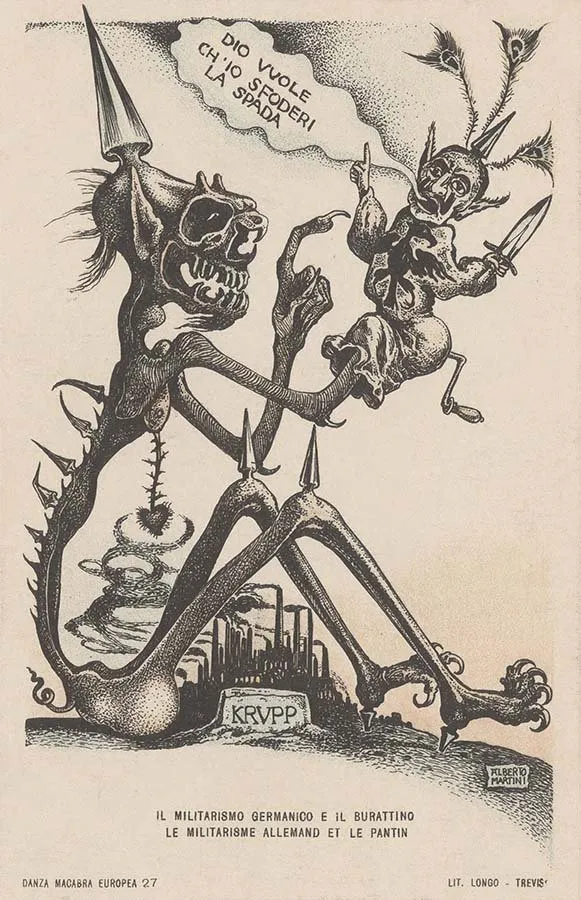 Alberto Martini: Il militarismo germanico e il burattino (litografía, Danza Macabra Europea, 1915-1916)