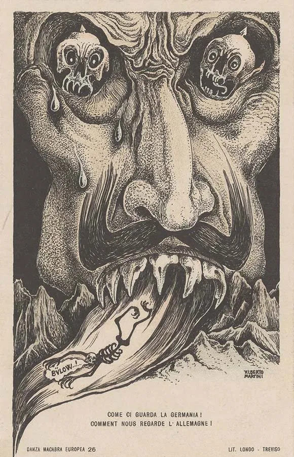 Alberto Martini: Come ci guarda la Germania! (litografía, Danza Macabra Europea, 1915-1916)