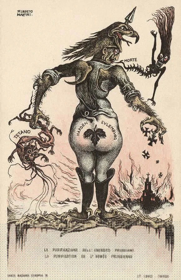 Alberto Martini: La purificazione dell'esercito prussiano (litografía, Danza Macabra Europea, 1915-1916)