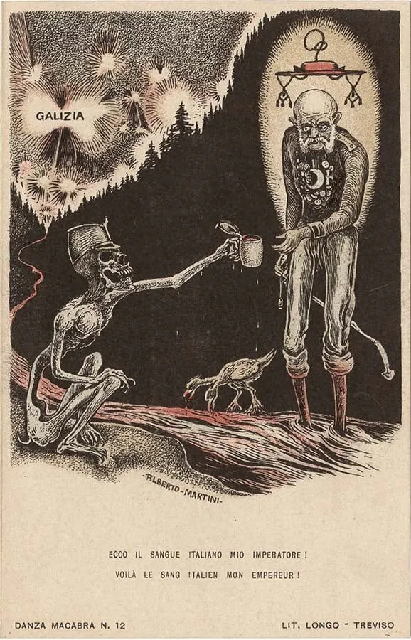 Alberto Martini: Ecco il sangue italiano mio imperatore! (litografía, Danza Macabra Europea, 1915-1916)