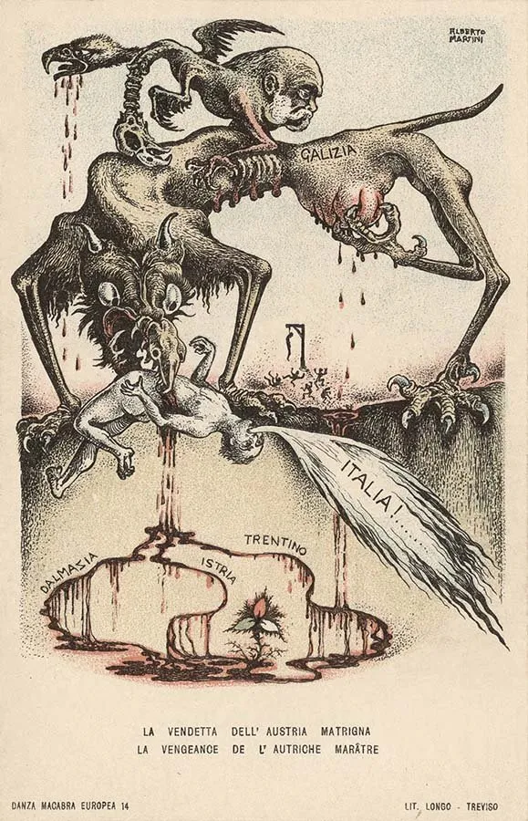 Alberto Martini: La vendetta dell'Austria matrigna (litografía, Danza Macabra Europea, 1915-1916)