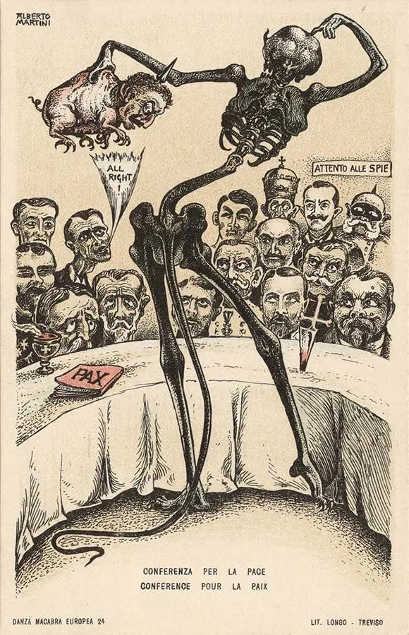 Alberto Martini: Conferenza per la pace (litografía, Danza Macabra Europea, 1915-1916)