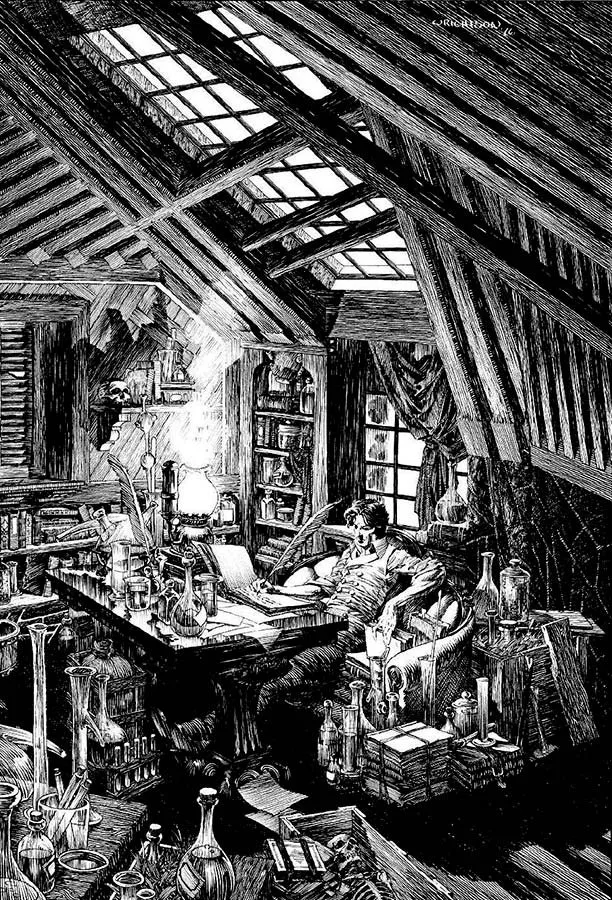 La Criatura junto al cadáver de una víctima, ilustración de Bernie Wrightson