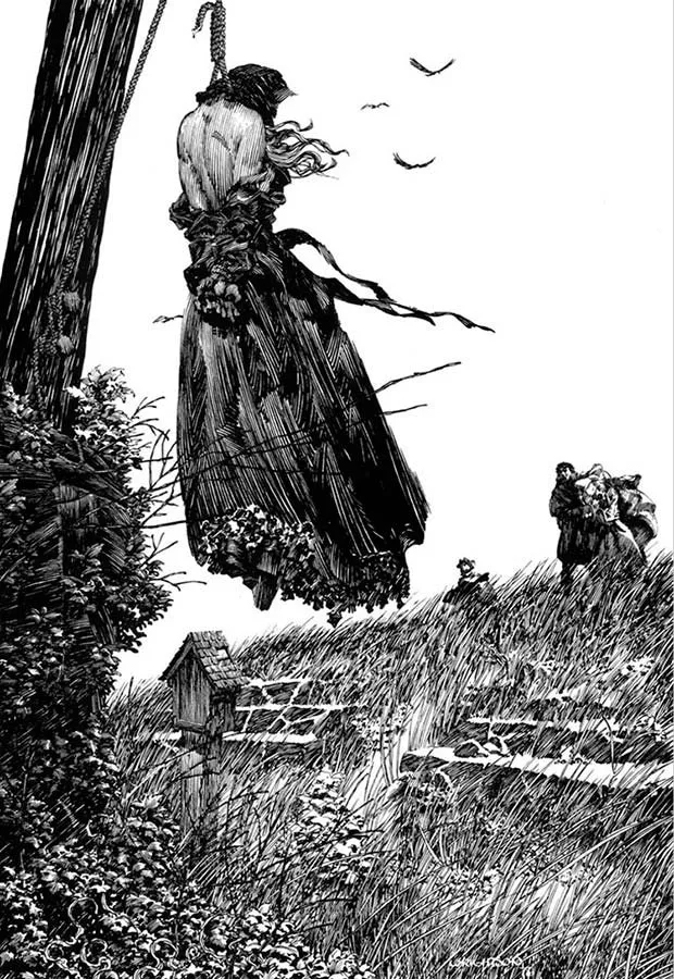 Encuentro de Victor Frankenstein con la Criatura en los Alpes, ilustración de Bernie Wrightson