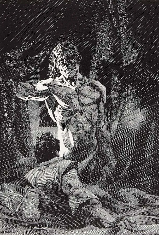 Victor Frankenstein en su gabinete de estudio, ilustración de Bernie Wrightson