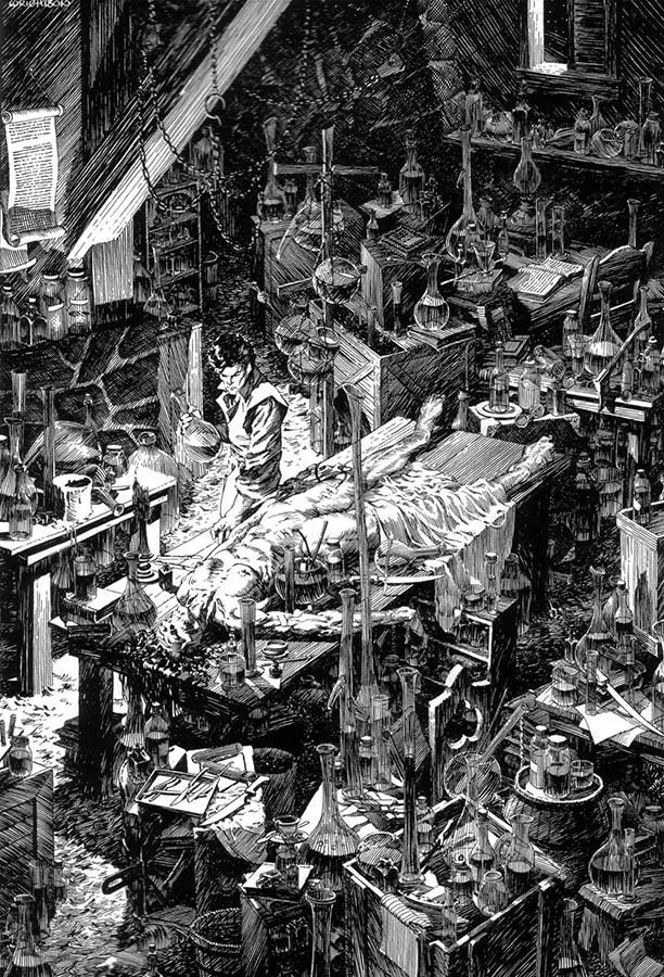 Escena de cementerio, ilustración de Bernie Wrightson para «Frankenstein»