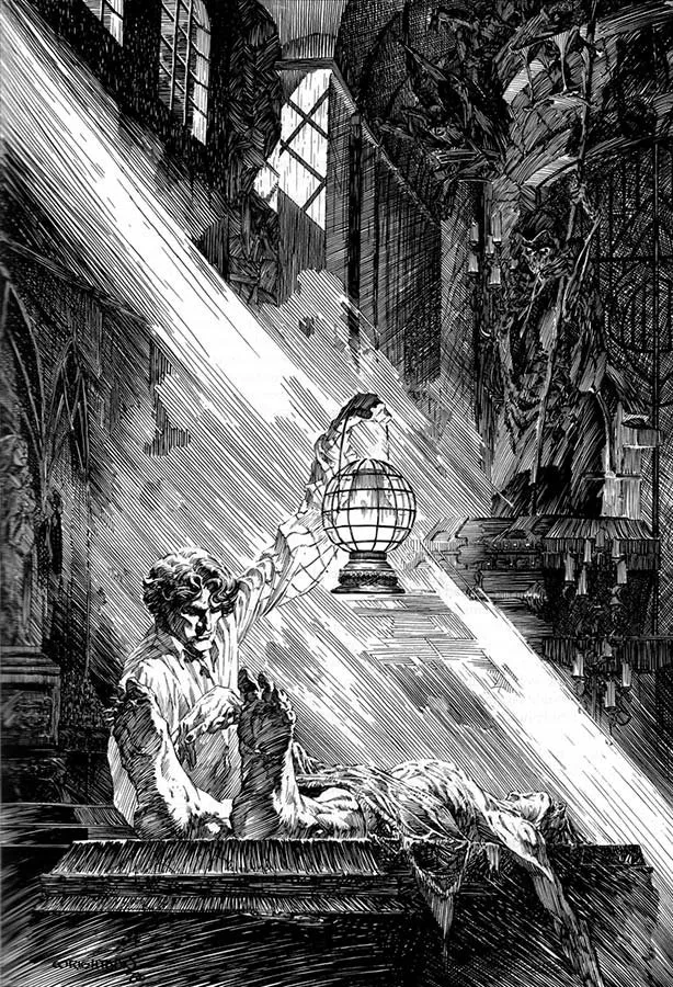 La ejecución de Justine Moritz, ilustración de Bernie Wrightson para «Frankenstein»