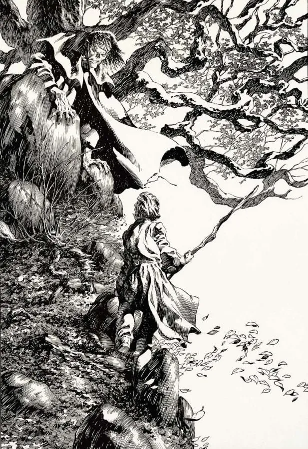 Escena nocturna con la Criatura acechando, ilustración de Bernie Wrightson
