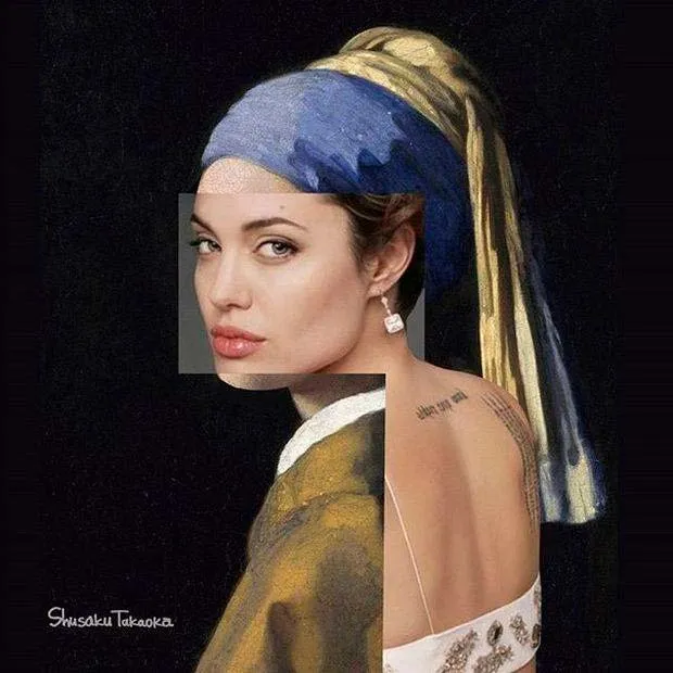 Angelina Jolie como La joven de la perla. Collage obra de Shusaku Takaoka.