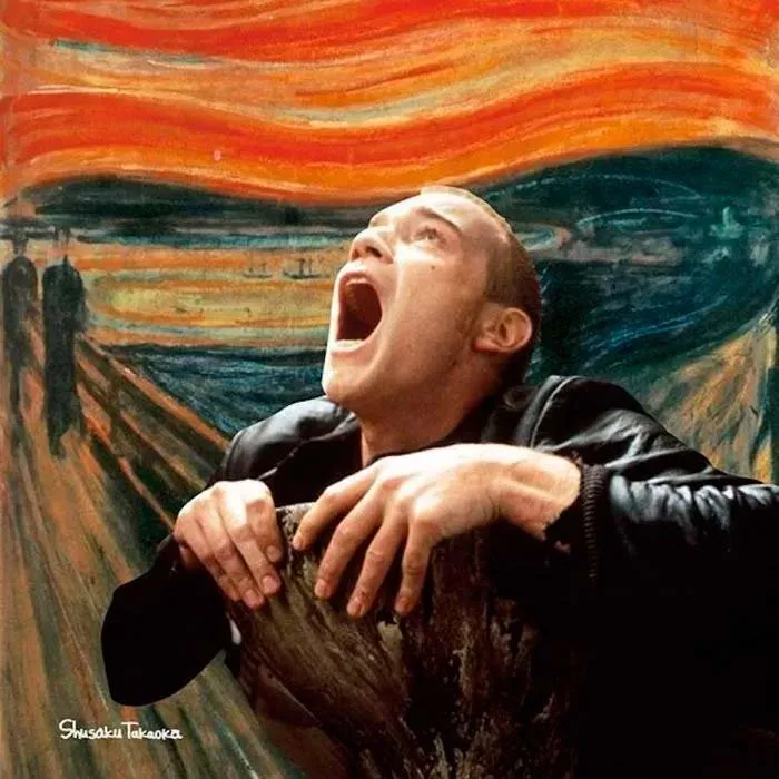 Ewan McGregor, en Trainspotting, dentro del cuadro El grito, de Munch. Collage obra de Shusaku Takaoka.