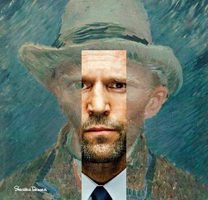 Jason Statham en un auto-retrato de Vincent Van Gogh. Collage obra de Shusaku Takaoka.