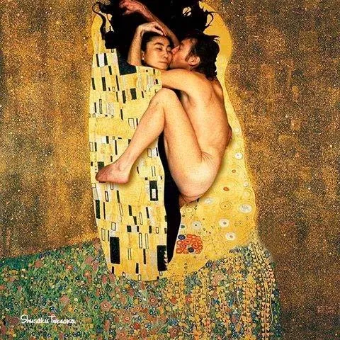 John Lennon y Yoko Ono dentro de un famoso cuadro de Gustav Klimt. Collage obra de Shusaku Takaoka.