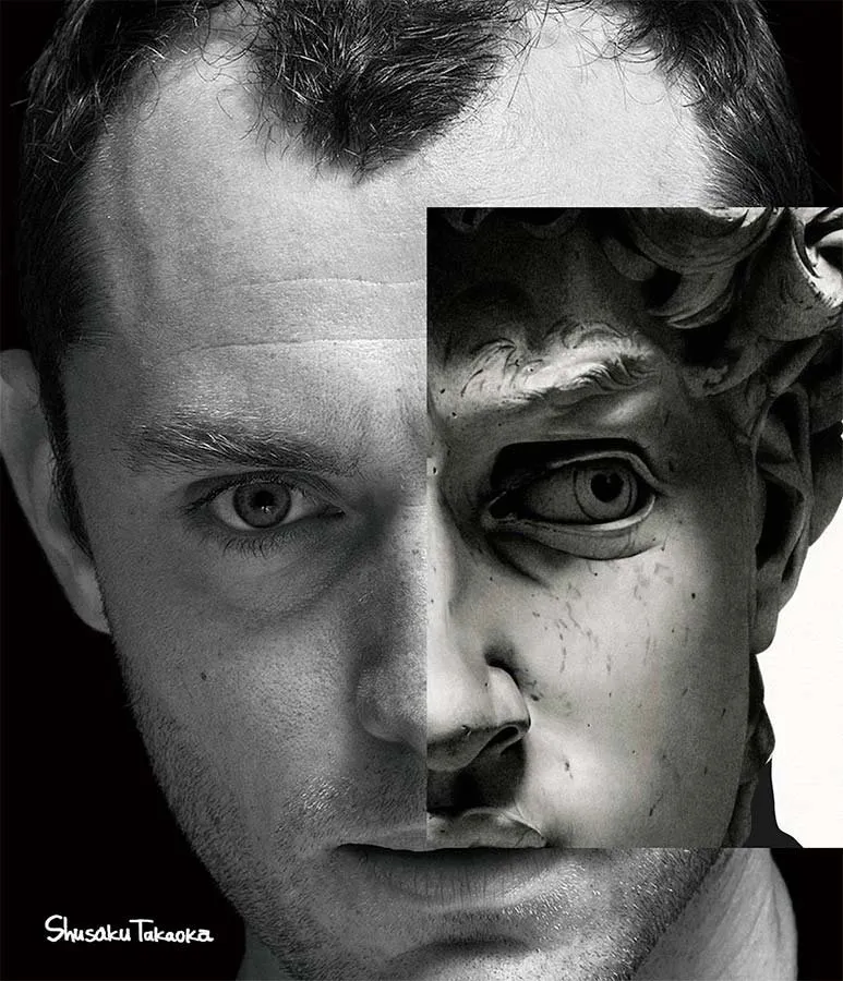 Jude Law en un collage con el David de Miguel Ángel. Collage obra de Shusaku Takaoka.