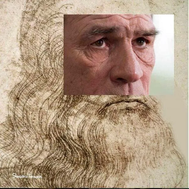 Tommy Lee Jones en un grabado de Leonardo Da Vinci. Collage obra de Shusaku Takaoka.
