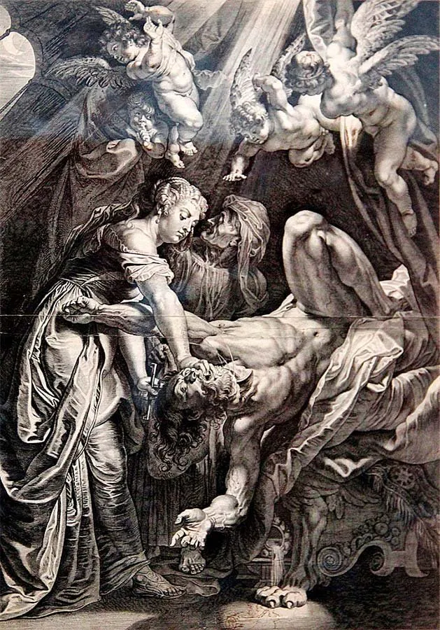 Judith decapitando a Holofernes, grabado de Cornelis Galle según Rubens