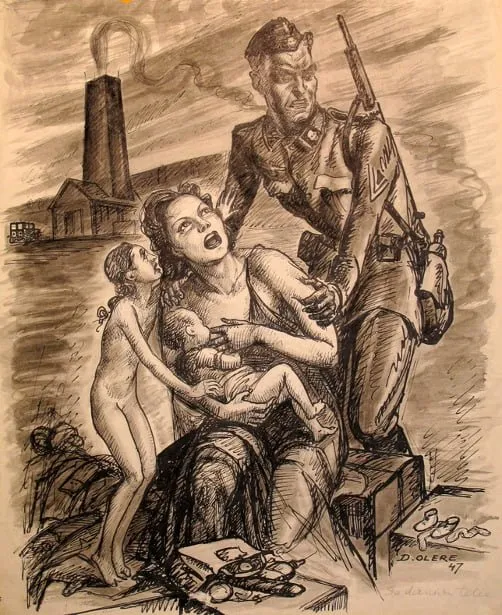 David Olère: madre amamantando a su bebé por última vez ante un guardia de las SS (1947)