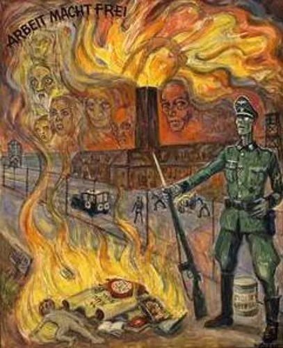 David Olère: alegoría «Contra el olvido», cuerpos ardiendo ante la entrada de Auschwitz