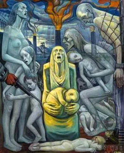 David Olère: madre con su bebé llorando entre figuras espectrales de mujeres y niños exterminados