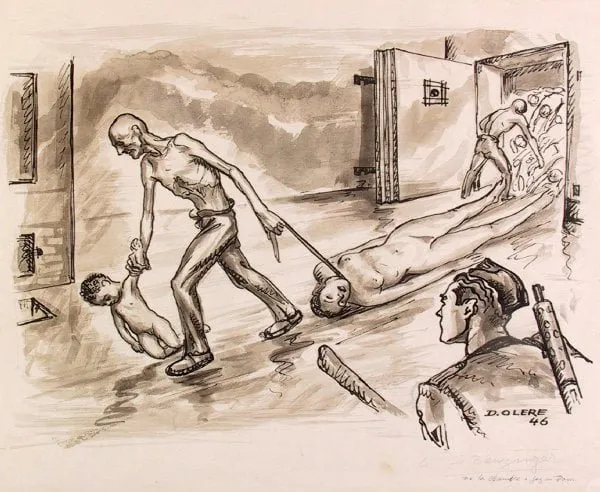 David Olère: miembros del Sonderkommando arrastrando cadáveres de la cámara de gas al crematorio (1946)