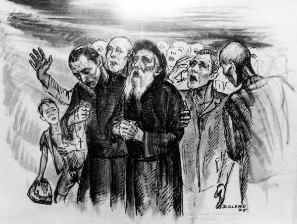 David Olère: judíos recién llegados al campo de Auschwitz, presos del pánico (1945)