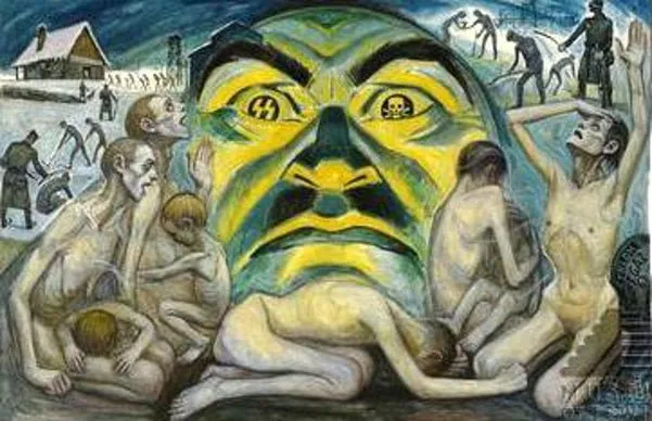 David Olère: rostro monstruoso con la esvástica y la calavera de las SS por ojos, rodeado de prisioneros desnudos