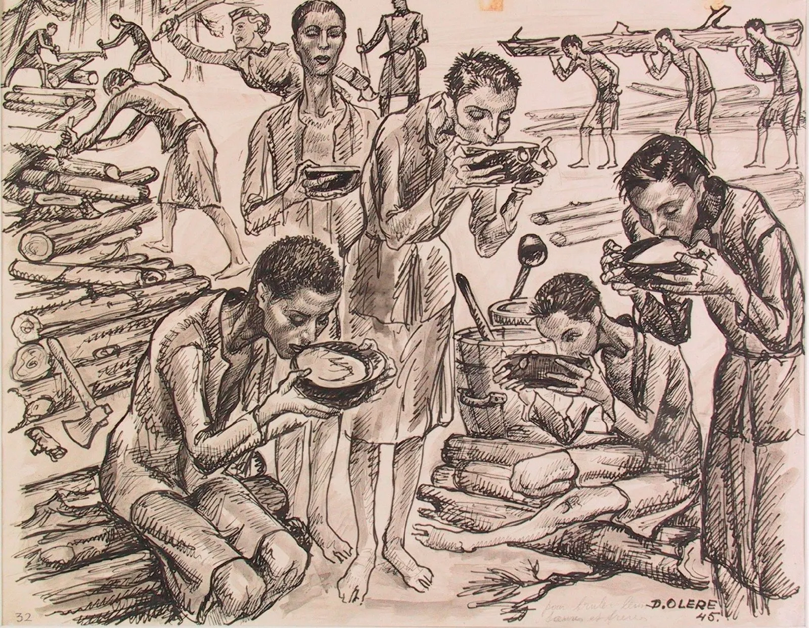 David Olère: prisioneros devorando sus raciones entre la tala de leña para los crematorios (1945)