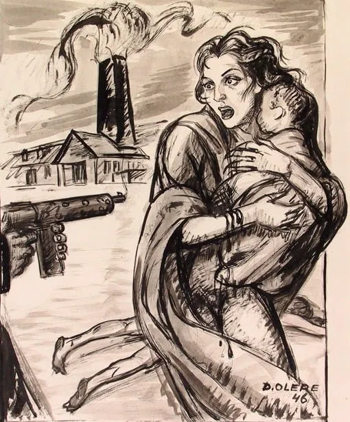 David Olère: una madre protege a su hijo ante el cañón de un arma automática, junto a un crematorio (1946)