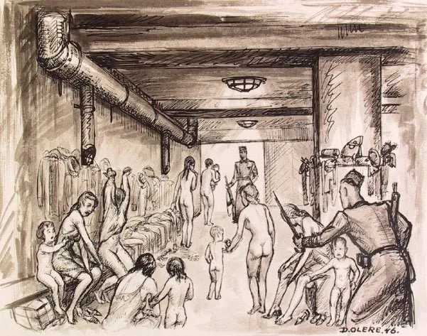 David Olère: mujeres y niños desnudándose en el vestuario del crematorio ante un guardia armado (1946)