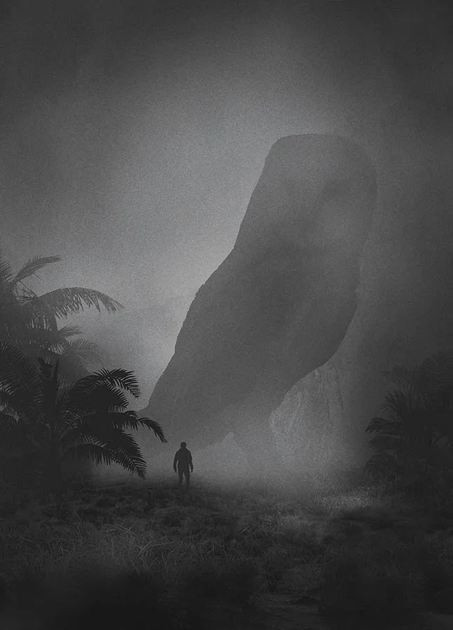 Dawid Planeta: figura humana ante un ser gigante en la niebla («Mini People in the Jungle»)