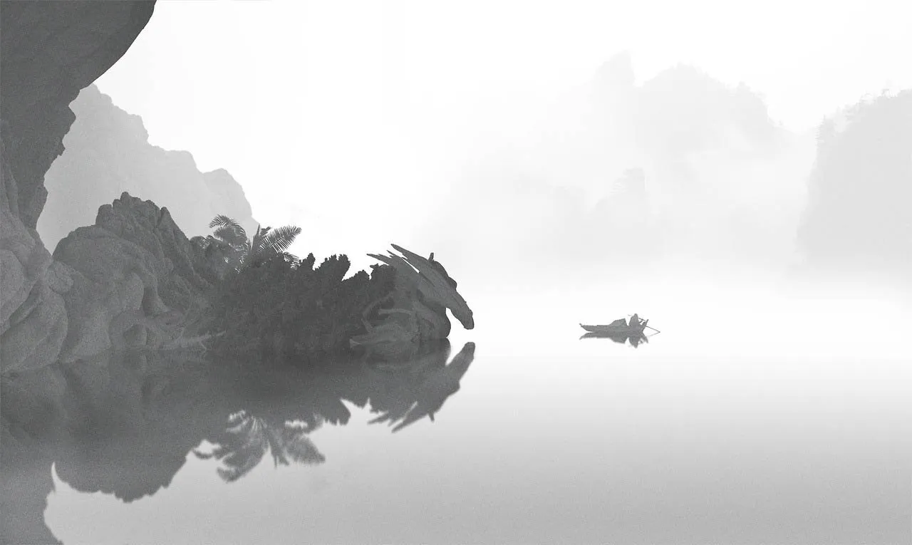 Dawid Planeta: roca con forma de dragón reflejada en el agua («Mini People in the Jungle»)
