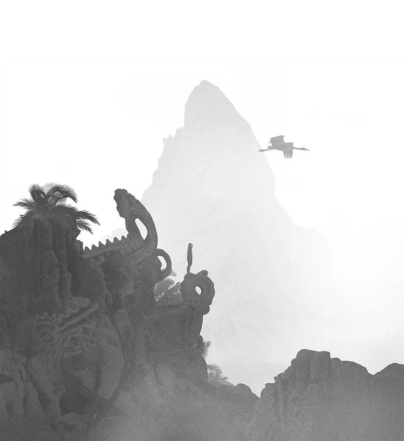 Dawid Planeta: talla rocosa y ave en vuelo entre montañas («Mini People in the Jungle»)