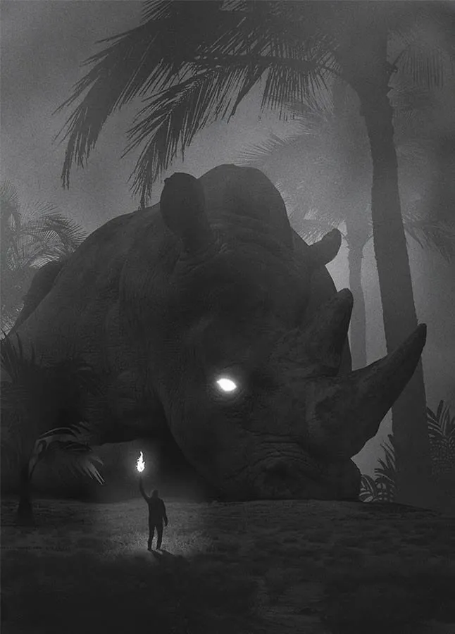 Dawid Planeta: rinoceronte colosal de ojo brillante en la jungla («Mini People in the Jungle»)
