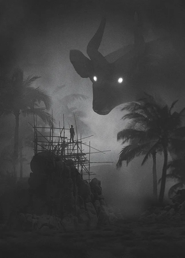 Dawid Planeta: cabeza de ciervo gigante sobre un andamio («Mini People in the Jungle»)