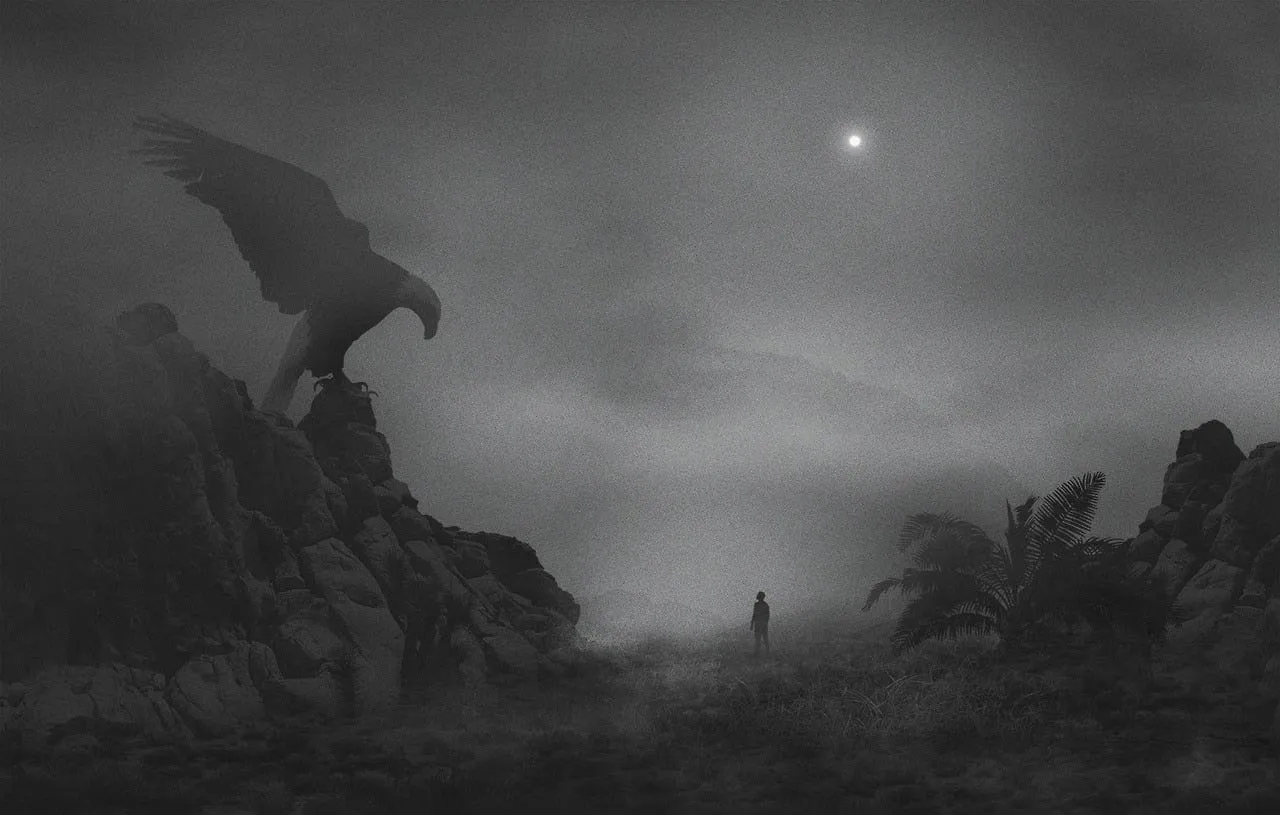 Dawid Planeta: águila gigante sobre un acantilado bajo la luna («Mini People in the Jungle»)
