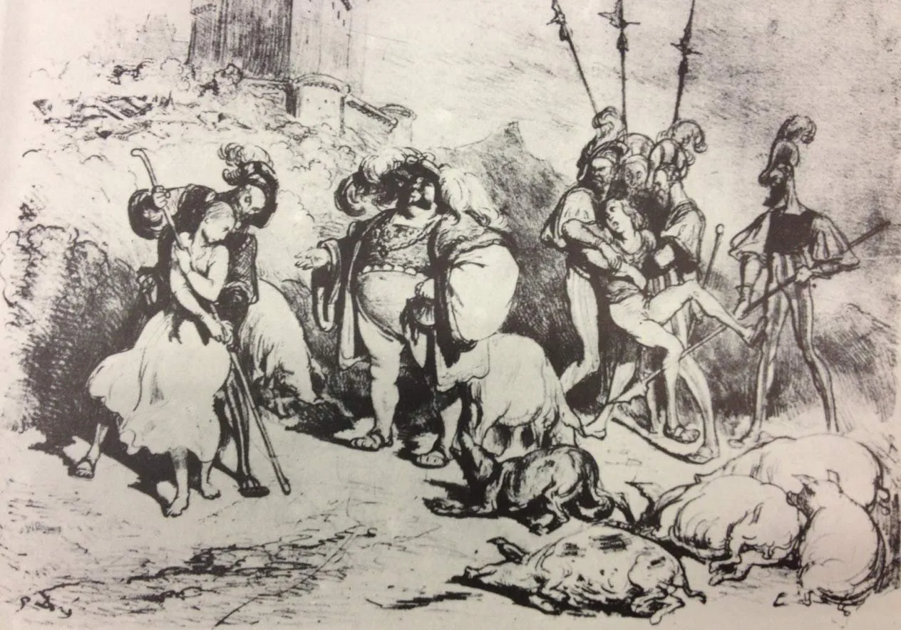 Grabado de Gustave Doré titulado «Le Droit du Seigneur»: unos soldados arrastran a una joven mientras otro señor abraza a una campesina, con reses sacrificadas en primer plano