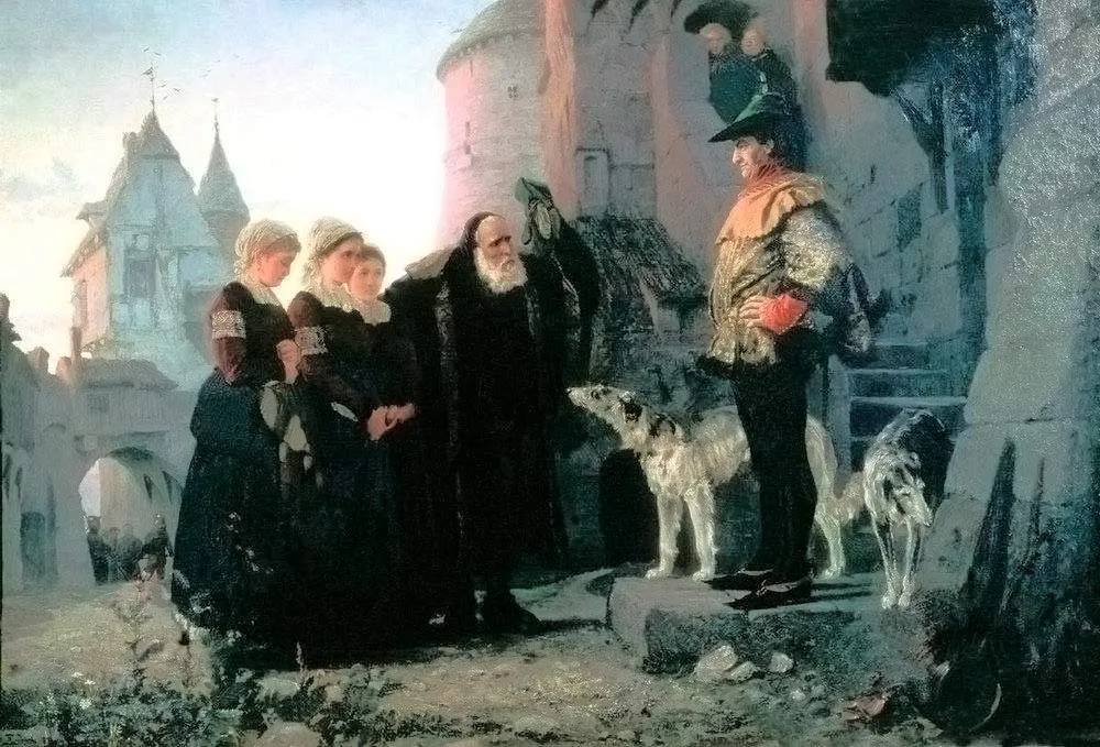 Detalle de «Le Droit du Seigneur» de Vasily Polenov (1874): un anciano recibe con gesto de súplica a un señor feudal, junto a tres jóvenes campesinas y dos galgos, ante los muros de un castillo