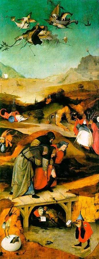 El Bosco: tabla izquierda del tríptico de las tentaciones de San Antonio Abad (h. 1501)