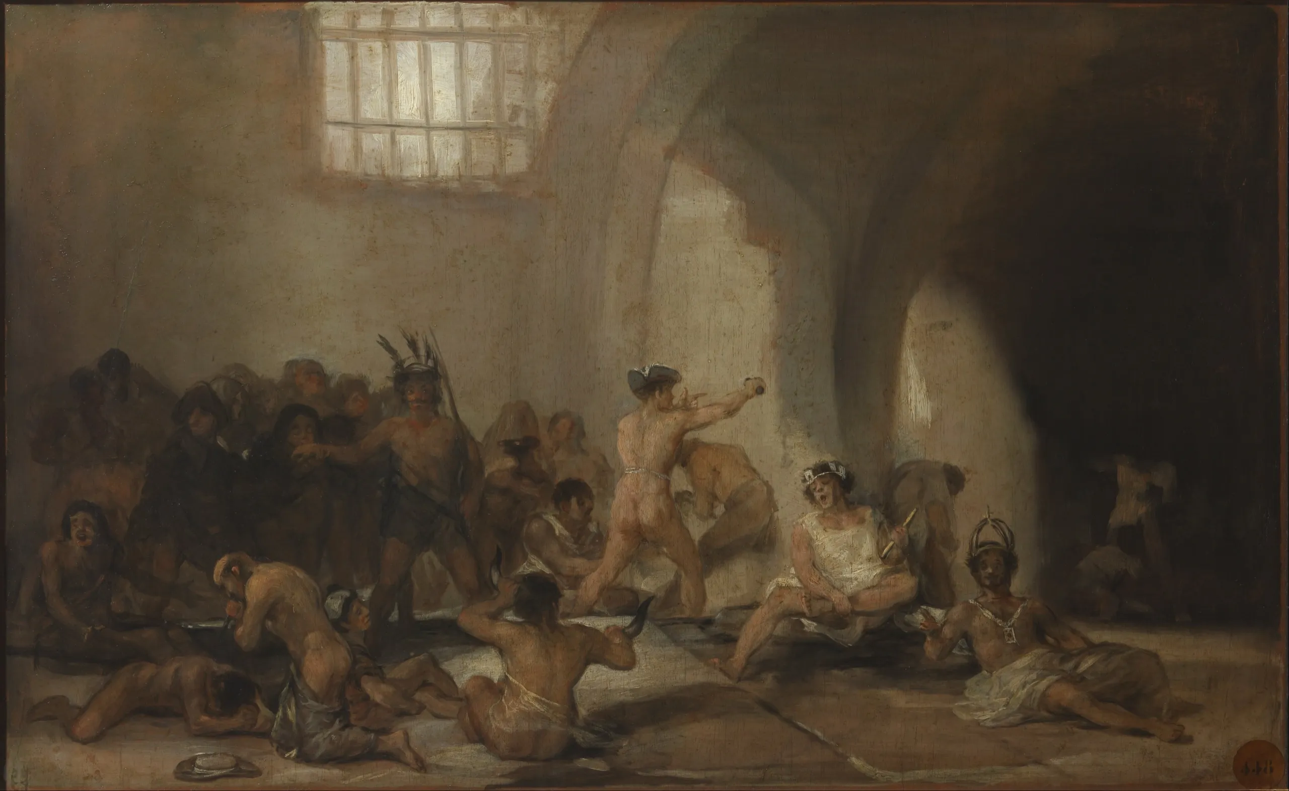 Casa de locos, de Francisco de Goya: internos semidesnudos y encadenados en el patio de un manicomio bajo una luz cavernosa