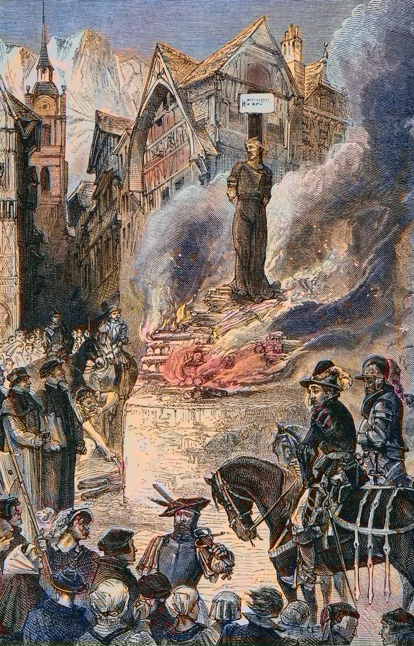 La ejecución de Miguel Servet en la hoguera de Champel, grabado francés del siglo XIX (autoría anónima). Una recreación imaginada, muy posterior a los hechos.