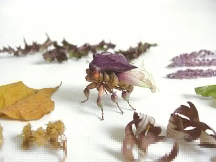 Escultura de Hiroshi Shinno de un insecto imaginario fotografiada entre hojas secas