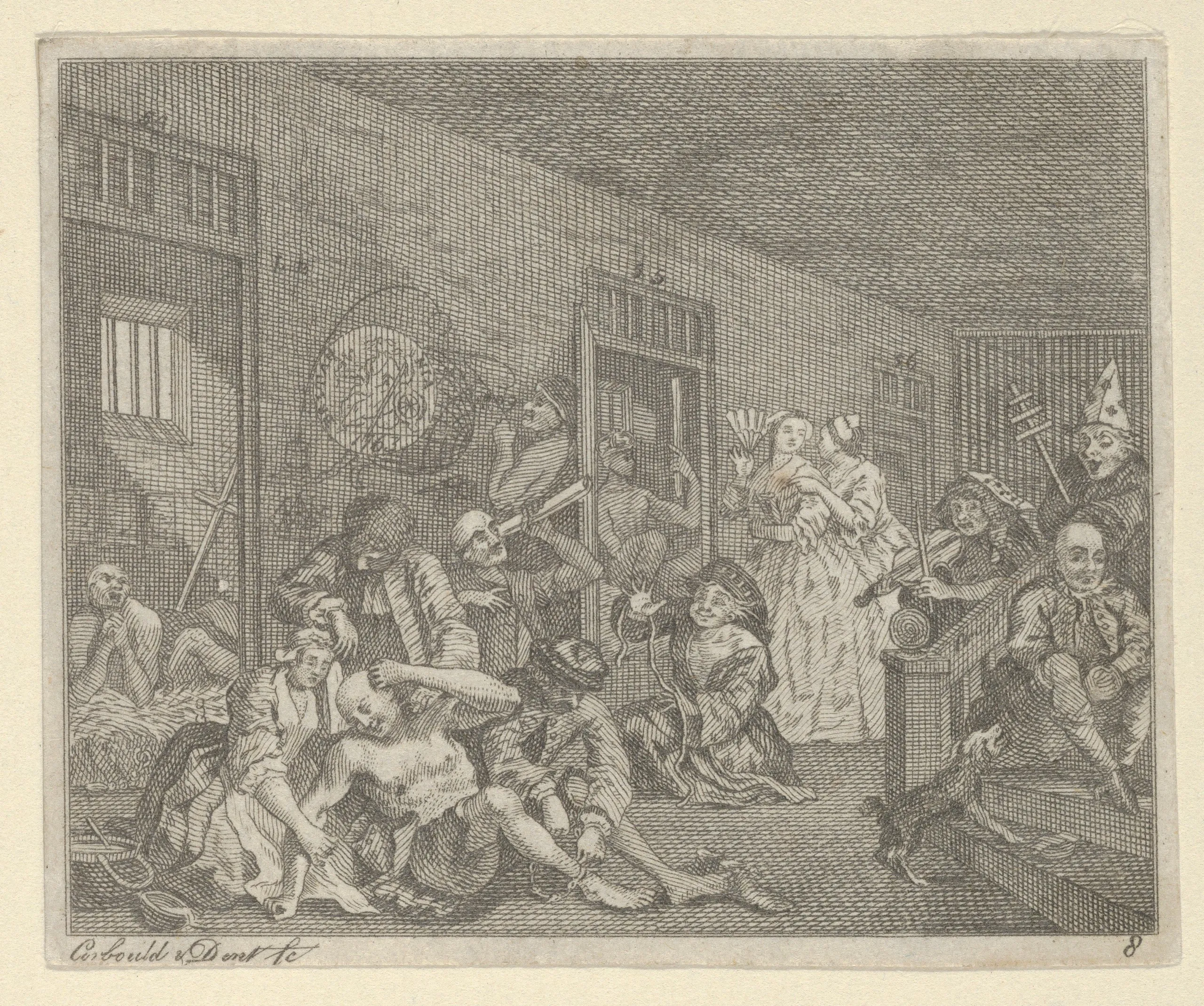 A Rake's Progress, lámina 8: «La escena en Bedlam», grabado de William Hogarth (1735).