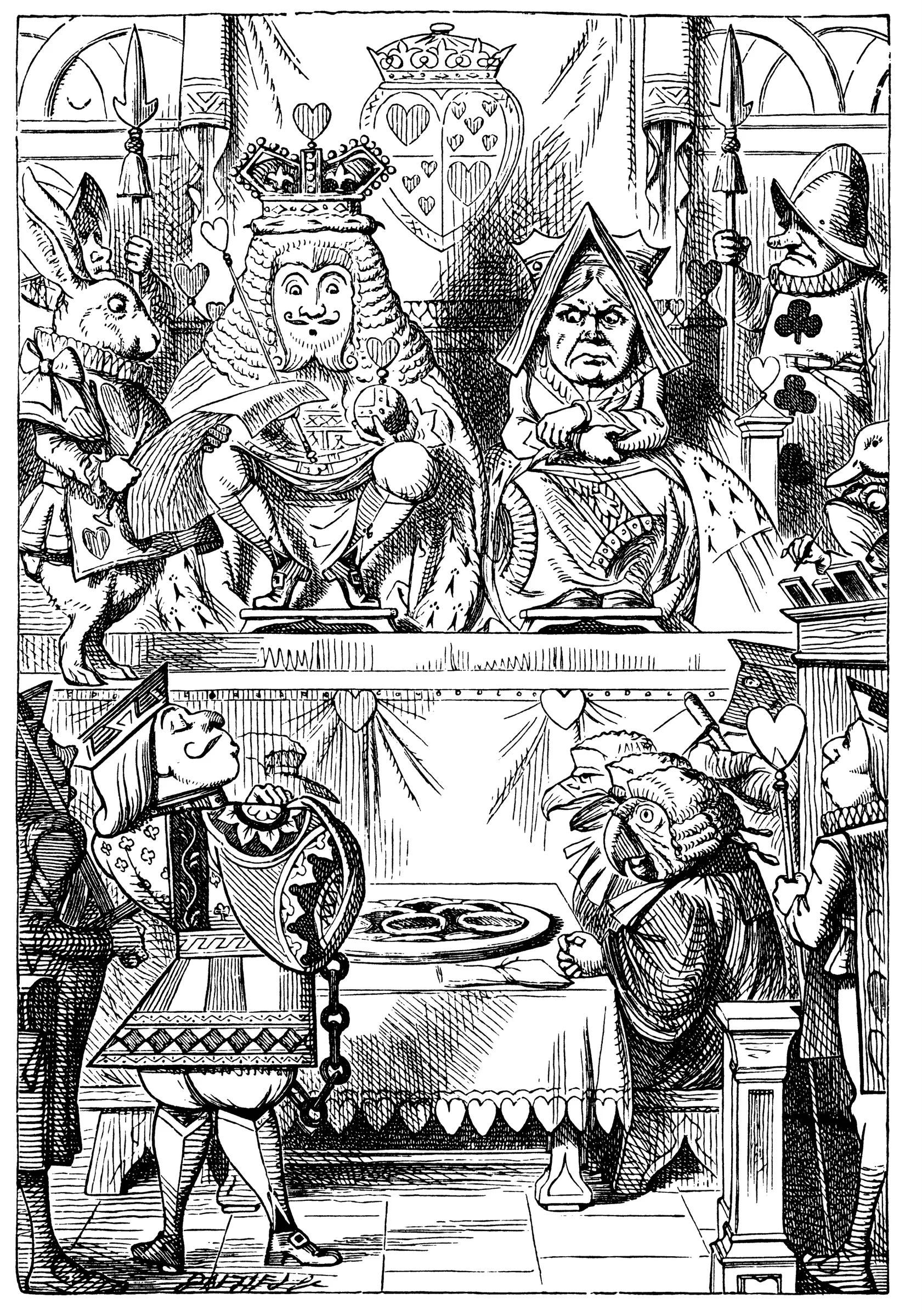 El Rey y la Reina de Corazones en sus tronos, con la Sota de Corazones en primer plano, frontispicio de John Tenniel para la edición de 1866 de «Alicia en el país de las maravillas»